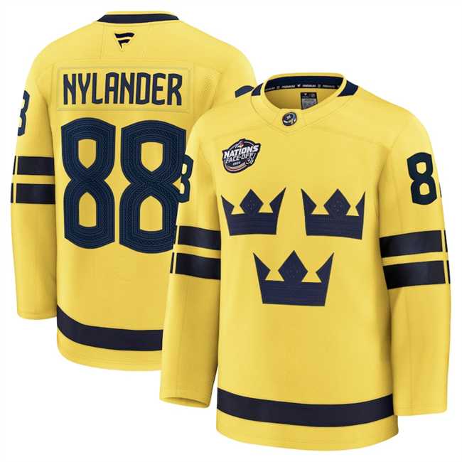 Men%27s Sweden #88 William Nylander Yellow 2025 4 Nations Face-Off Premium Jersey Dzhi